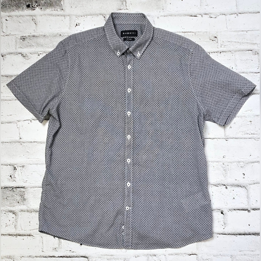Bugatti Men’s Printed Short Sleeve Soft Wash Slub Cotton Shirt Blue XL